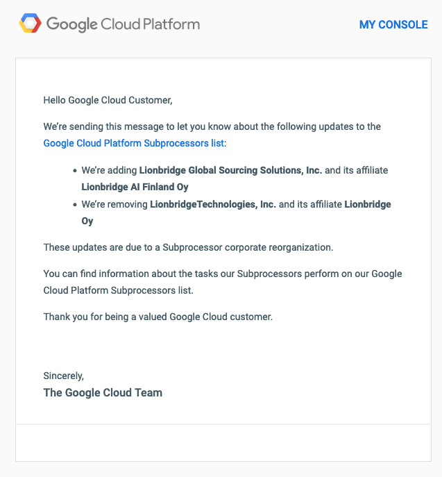 Email from Google indicating Lionbridge as a third party supplier.